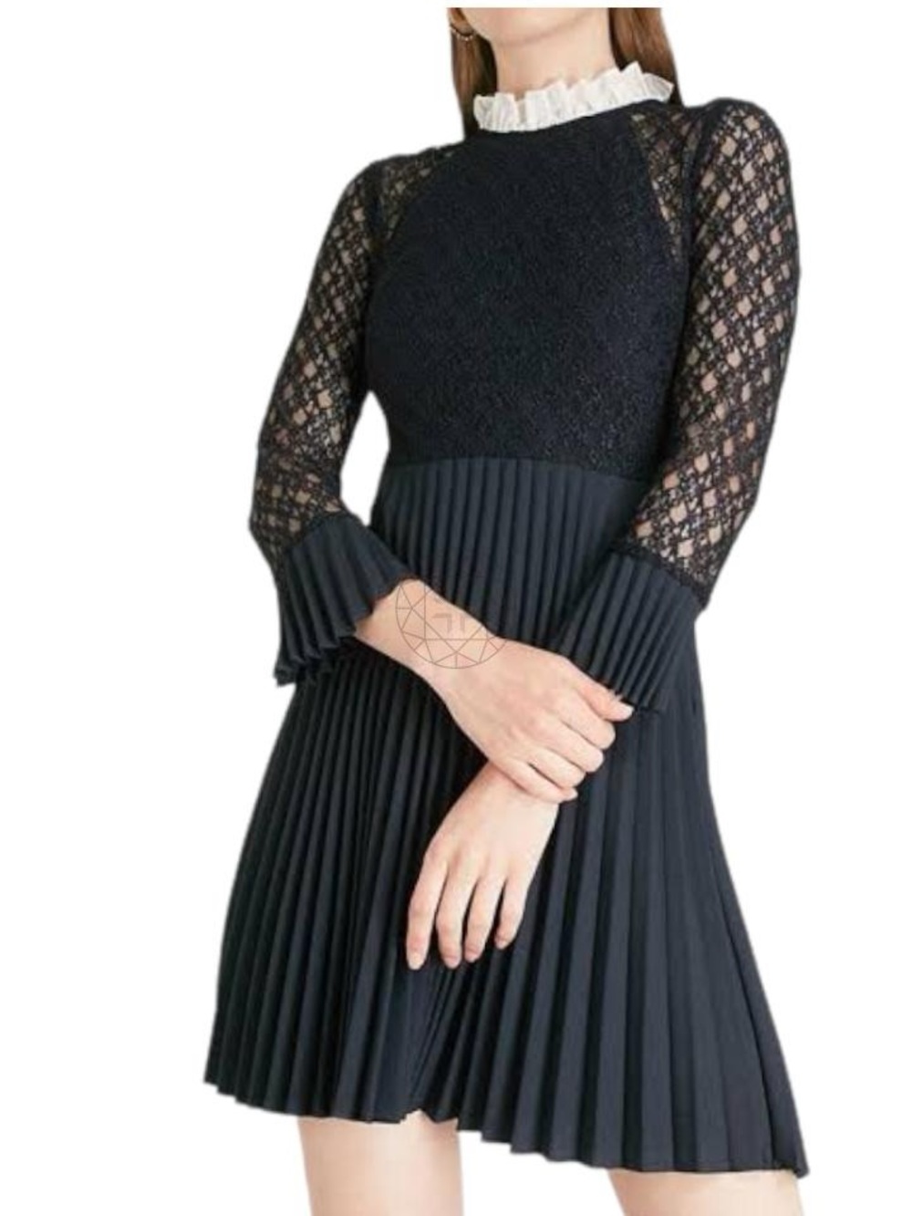 Black Lace & Pleated Long-Sleeve Midi Dress with Cream Ruffle Neck